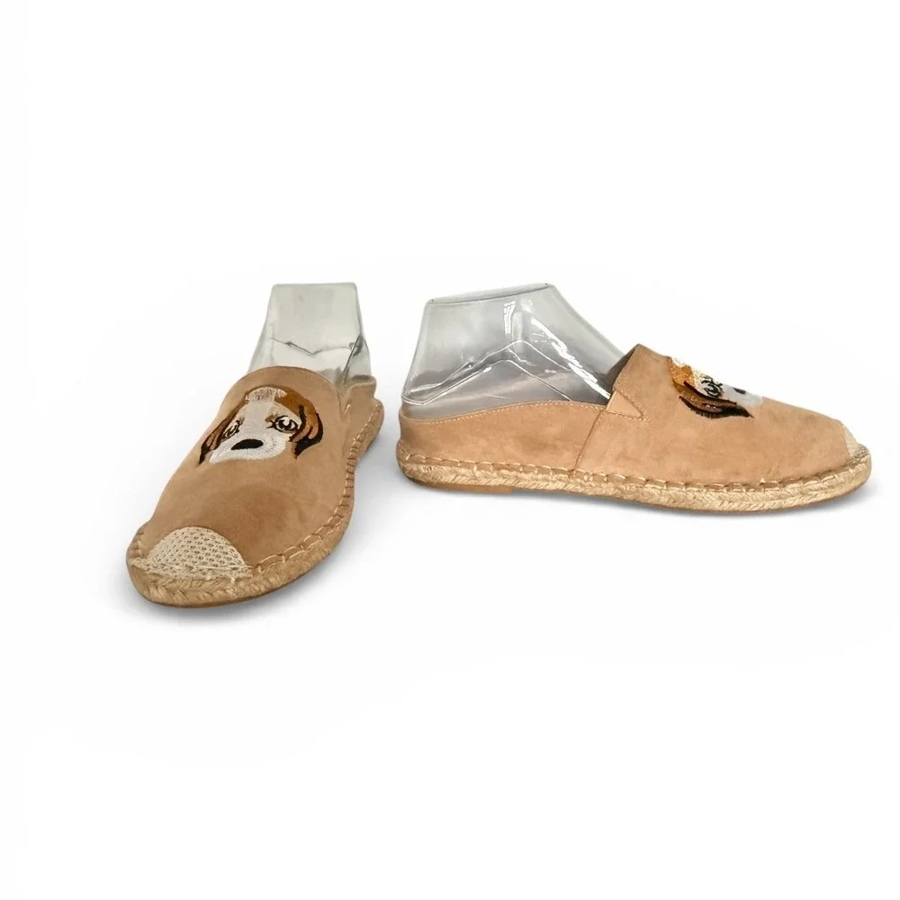 Womens Tan Suede Dog‎ Face Espadrille Flats Shoes Size 39 puppy love gardencore